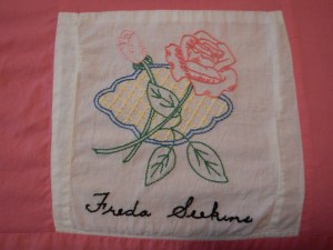 embroidery by Freda Seekins, Silver Valley Ladies Club Canadian Centennial Friendship Bedspread