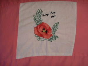 embroidery by Ruby Fox, Silver Valley Ladies Club Canadian Centennial Friendship Bedspread