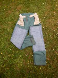 Logger pants - viewed inside out,, pants with padding over thigh and knee, knee protectors, garden knee pads review, garden Victoria, Vancouver Island, BC Pacific Northwest